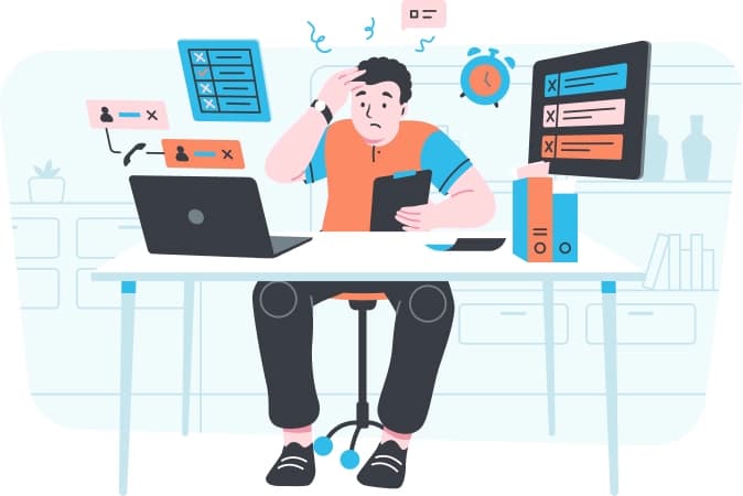 Problem - osoba przy biurku z dużą ilością pracy